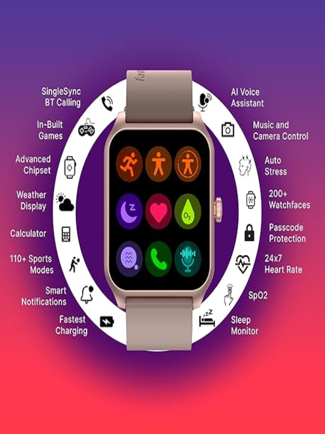 Fastrack Reflex Beat Pro Smart Watch|Large 1.75" Super UltraVU Display|Highest 320x390 Pixel Resolution|SingleSync BT Calling|110+ Sports Modes|Nitrofast Charging|Calculator|Passcode Protection, Black