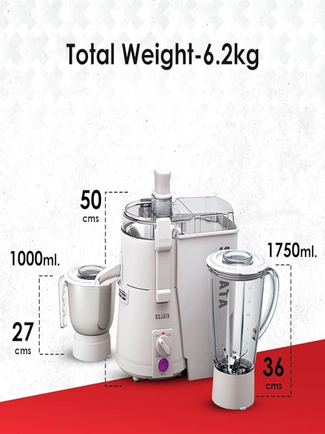 Sujata Powermatic Plus Juicer Mixer Grinder|900 Watts Double Ball Bearing Motor|22000 RPM|Non-Stop 90 Mins Running|2 Jars including 1750ml Blender, 1000ml Grinder Jar| (White)
