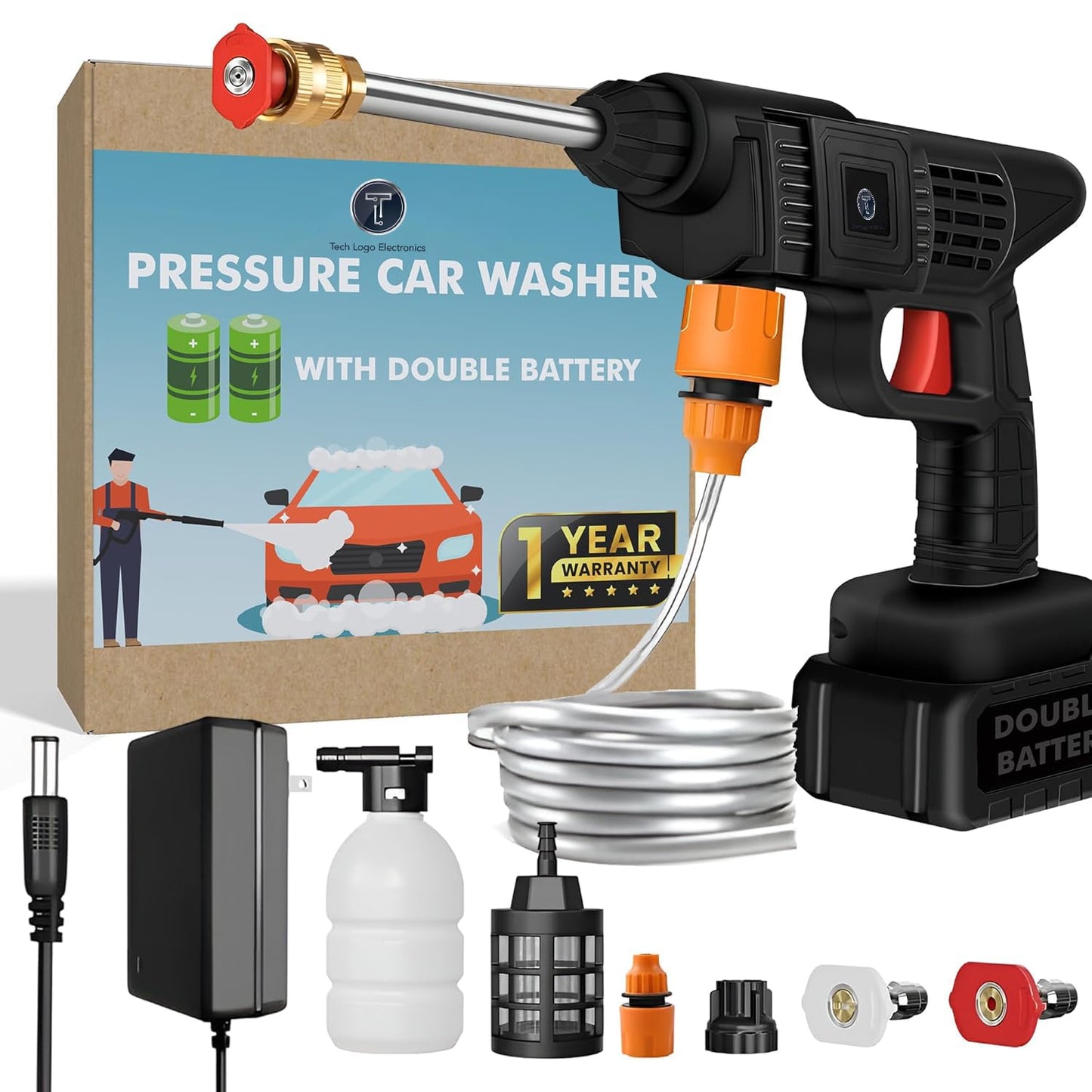 Basics IND, Double Battery Wireless Pressure Washer Gun 48V 12000mah High Pressure Water Gun for Car Wash Bike Washing Cleaning Adjustable Nozzle and 5M Hose Pipe