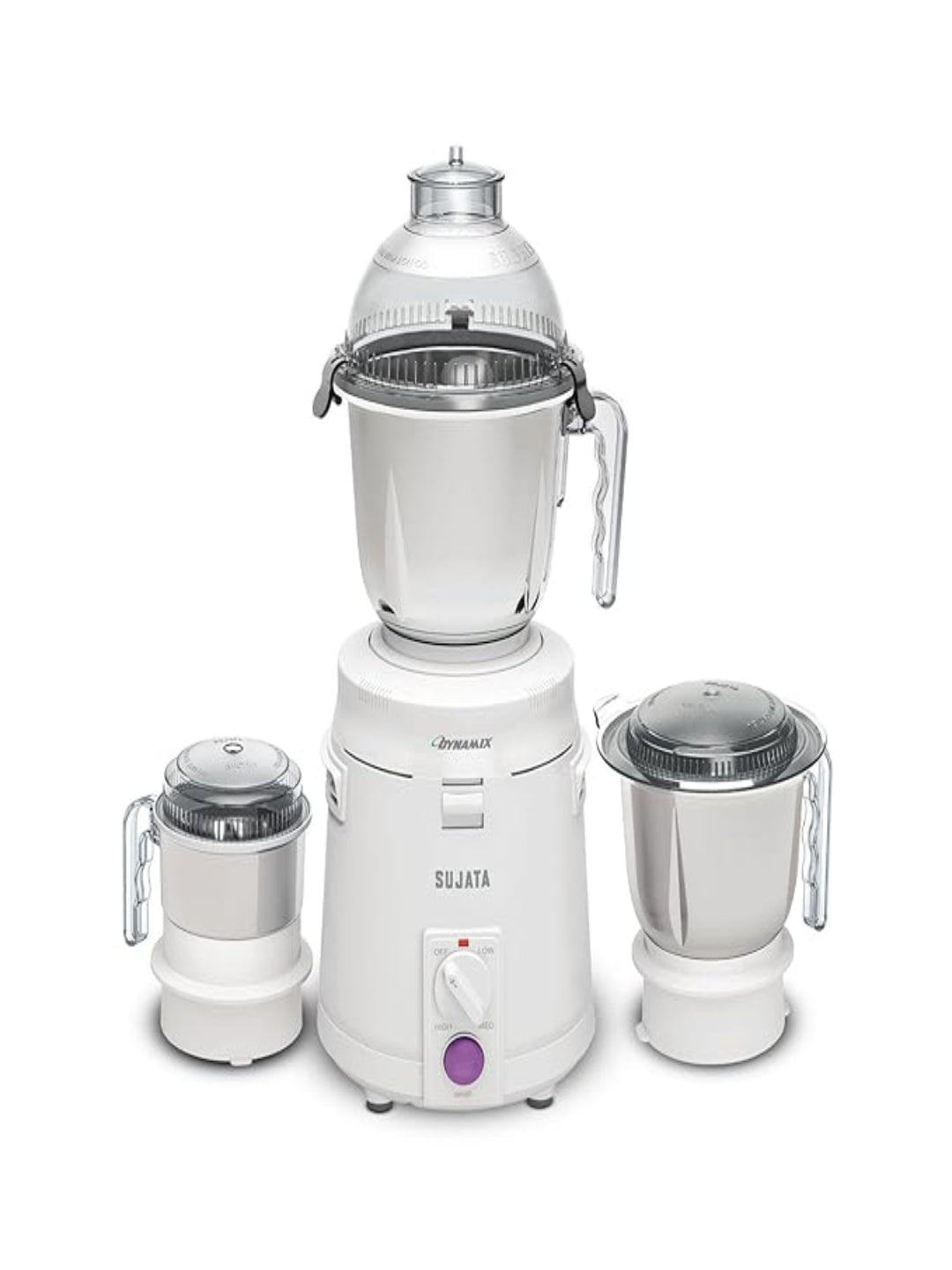 Sujata Dynamix Mixer Grinder|900 Watts Double Ball Bearing Motor|22000 RPM|Non-Stop 90 Mins Running|3 Food Grade Steel Jars including 1500ml Multipurpose, 1000ml Grinder, 500ml Chutney Jar| (White)