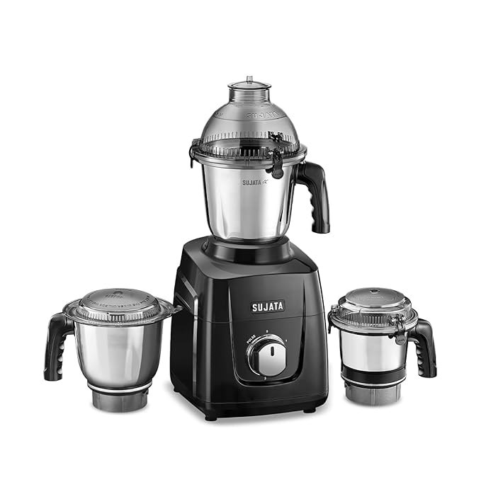 Sujata MG02 Mixer Grinder|1000 Watts Double Ball Bearing Motor|25000 RPM|Non-Stop 90 Mins Running|3 Food Grade Steel Jars including 1500ml Multipurpose, 1000ml Grinder, 500ml Chutney Jar| (Black)