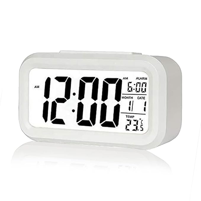 Basics IND ,Digital Clock Smart Alarm with Date & Indoor Temperature Battery Operated, Snooze Model,12/24H Display Night-Light for Bedrooms Heavy Sleepers, Students (White Clock)