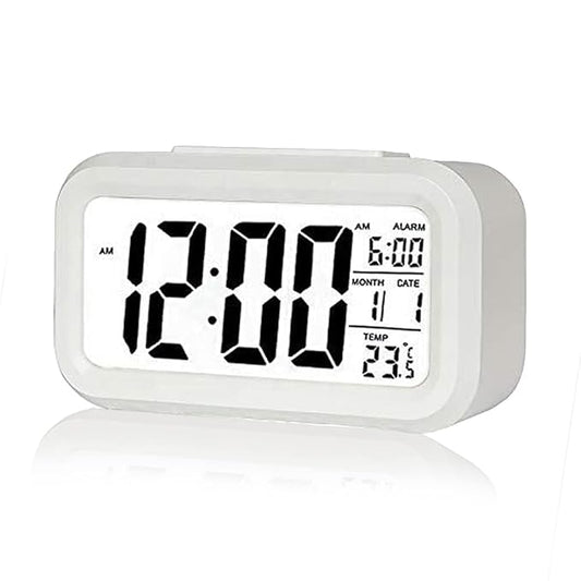 Basics IND ,Digital Clock Smart Alarm with Date & Indoor Temperature Battery Operated, Snooze Model,12/24H Display Night-Light for Bedrooms Heavy Sleepers, Students (White Clock)