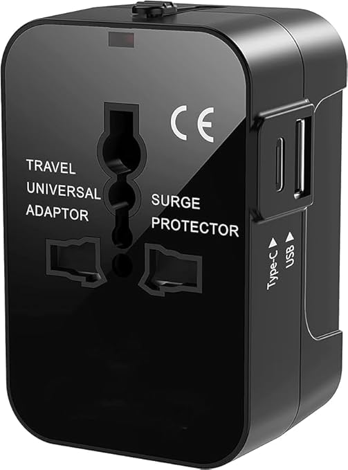 Basics India Universal Travel Adapter with Surge Protection & USB-C Charging – All-in-One Global Power Converter/Compatible with Smartphones, Laptops, Camera, Mobiles, Tablets (Black)