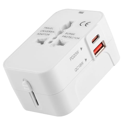 Basics India Universal Travel Adapter with Surge Protection & USB-C Charging – All-in-One Global Power Converter/Compatible with Smartphones, Laptops, Camera, Mobiles, Tablets (White)