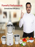 Sujata Dynamix Mixer Grinder|900 Watts Double Ball Bearing Motor|22000 RPM|Non-Stop 90 Mins Running|3 Food Grade Steel Jars including 1500ml Multipurpose, 1000ml Grinder, 500ml Chutney Jar| (White)