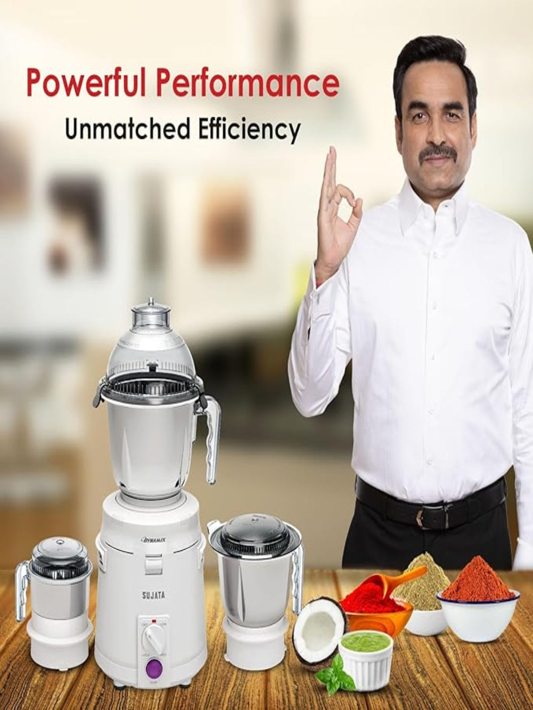 Sujata Dynamix Mixer Grinder|900 Watts Double Ball Bearing Motor|22000 RPM|Non-Stop 90 Mins Running|3 Food Grade Steel Jars including 1500ml Multipurpose, 1000ml Grinder, 500ml Chutney Jar| (White)