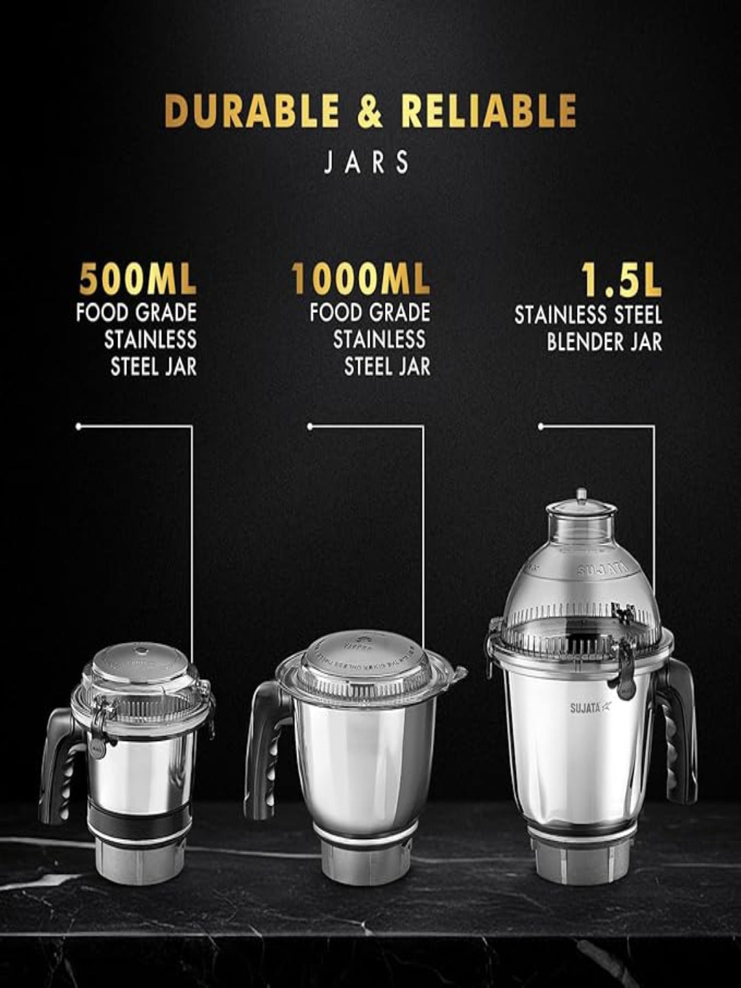 Sujata MG02 Mixer Grinder|1000 Watts Double Ball Bearing Motor|25000 RPM|Non-Stop 90 Mins Running|3 Food Grade Steel Jars including 1500ml Multipurpose, 1000ml Grinder, 500ml Chutney Jar| (Black)