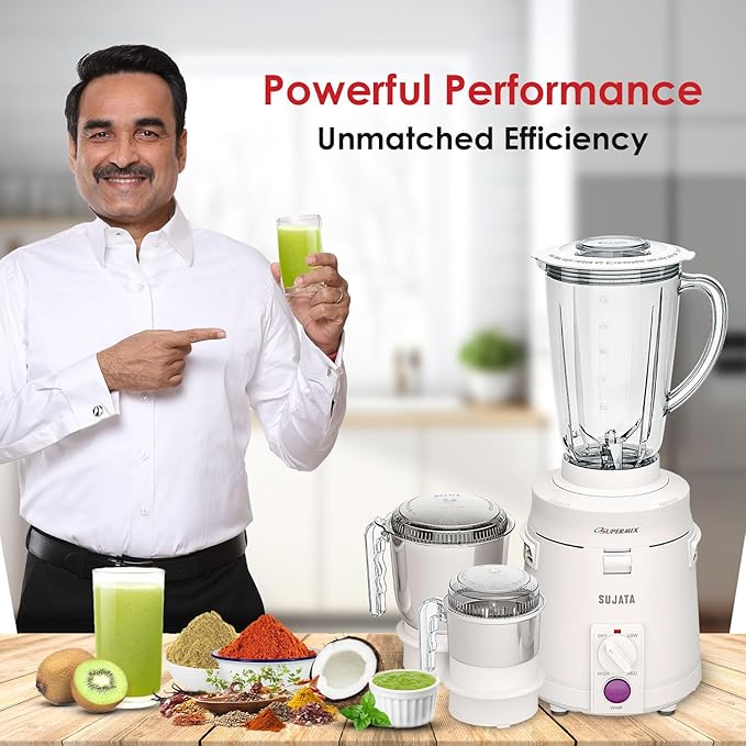 Sujata Supermix Mixer Grinder|900 Watts Double Ball Bearing Motor|22000 RPM|Non-Stop 90 Mins Running|3 Jars including 1750ml Blender, 1000ml Grinder, 500ml Chutney Jar| (White)