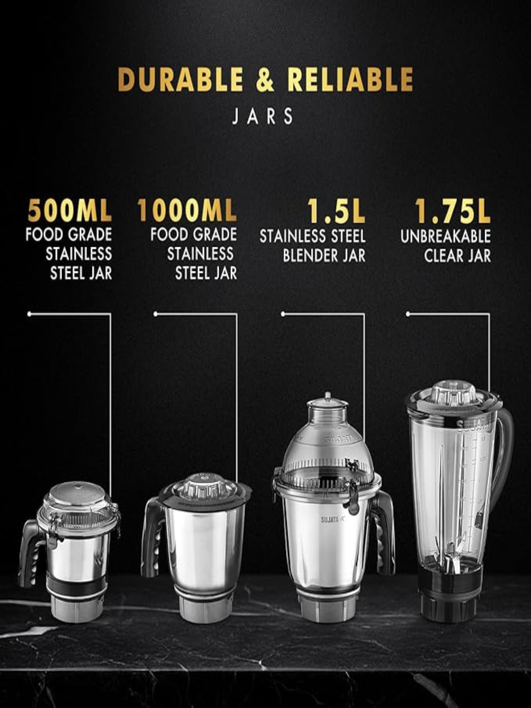 Sujata MG03 Mixer Grinder|1000 Watts Double Ball Bearing Motor|25000 RPM|Non-Stop 90 Mins Running|4 Jars including 1750ml Blender with Coconut Milk Extractor, 1500ml, 1000ml, 500ml Jar| (Black)