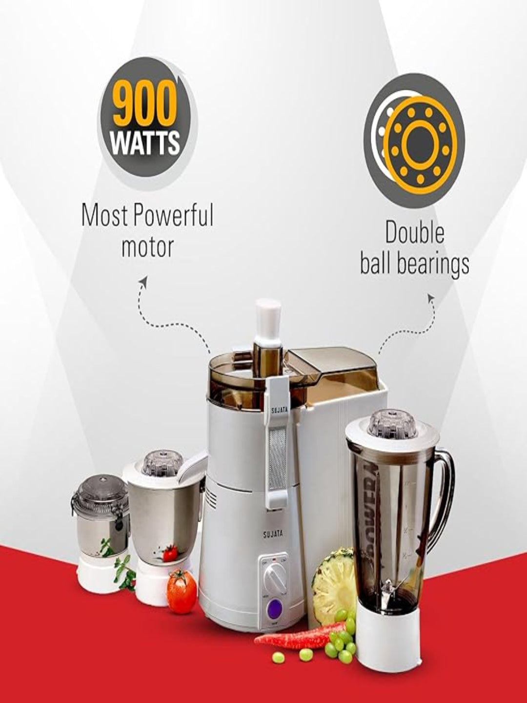 Sujata Powermatic Maxima Juicer Mixer Grinder|900 Watts Double Ball Bearing Motor|22000 RPM|Non-Stop 90 Mins Running|3 Jars including 1750ml Blender, 1000ml Grinder, 500ml Chutney Jar| (White)