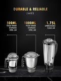 Sujata MG01 Mixer Grinder|1000 Watts Double Ball Bearing Motor|25000 RPM| Non-Stop 90 Mins Running|3 Jars including 1750ml Blender, 1000ml Grinder, 500ml Chutney Jar| (Black)