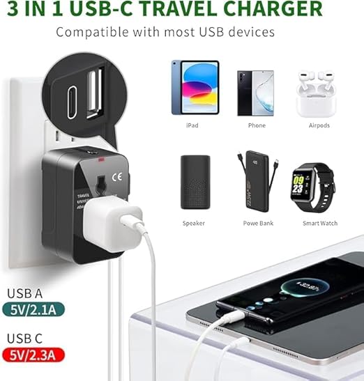 Basics India Universal Travel Adapter with Surge Protection & USB-C Charging – All-in-One Global Power Converter/Compatible with Smartphones, Laptops, Camera, Mobiles, Tablets (Black)