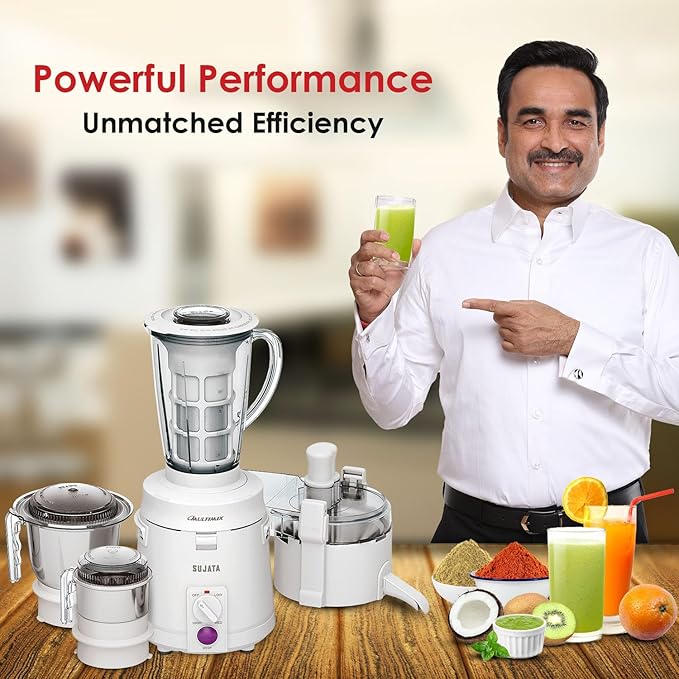 Sujata Multimix Juicer Mixer Grinder|900 Watts Double Ball Bearing Motor|22000 RPM|Non-Stop 90 Mins Running|3 Jars including 1750ml Blender with Coconut Milk Extractor,1000ml, 500ml Jar| (White)