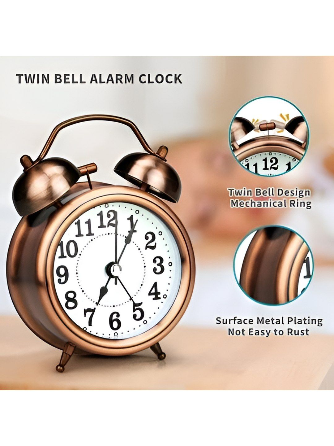 basics IND Gold-Toned & White Circular Analog  Alarm Clock