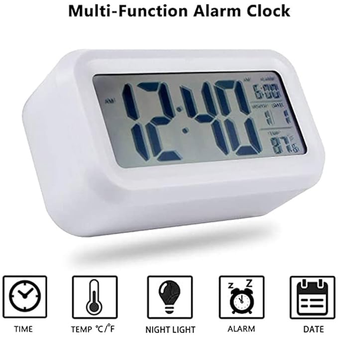 Basics IND ,Digital Clock Smart Alarm with Date & Indoor Temperature Battery Operated, Snooze Model,12/24H Display Night-Light for Bedrooms Heavy Sleepers, Students (White Clock)