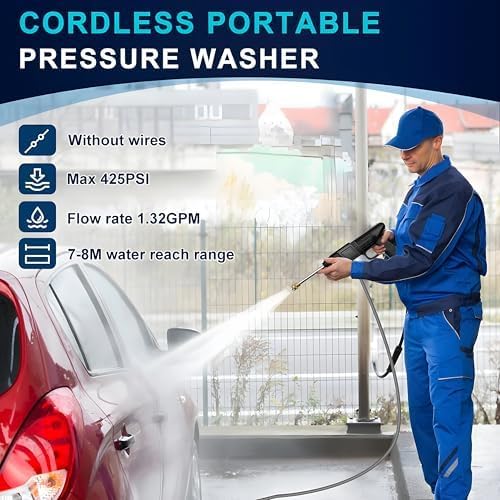 Basics IND, Double Battery Wireless Pressure Washer Gun 48V 12000mah High Pressure Water Gun for Car Wash Bike Washing Cleaning Adjustable Nozzle and 5M Hose Pipe