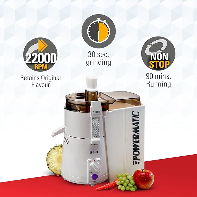Sujata Powermatic Juicer|900 Watts Double Ball Bearing Motor|22000 RPM|Non-Stop 90 Mins Running|Centrifugal Juicer| (White)