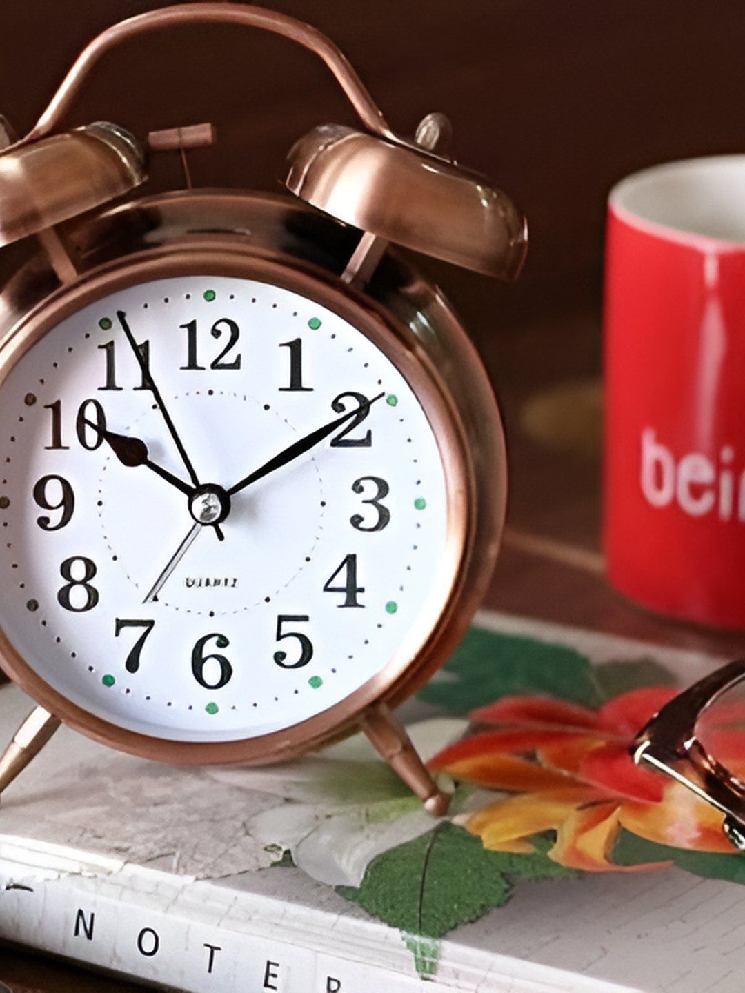 basics IND Gold-Toned & White Circular Analog  Alarm Clock