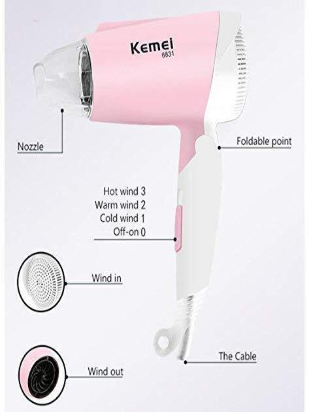 Kemey KM-6831 Essential DryCare Foldable Hair Dryer for Women