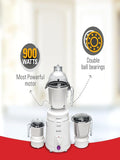 Sujata Dynamix Mixer Grinder|900 Watts Double Ball Bearing Motor|22000 RPM|Non-Stop 90 Mins Running|3 Food Grade Steel Jars including 1500ml Multipurpose, 1000ml Grinder, 500ml Chutney Jar| (White)
