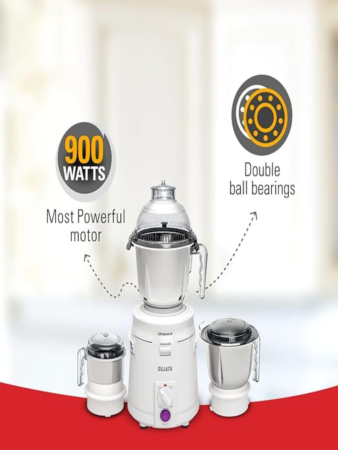 Sujata Dynamix Mixer Grinder|900 Watts Double Ball Bearing Motor|22000 RPM|Non-Stop 90 Mins Running|3 Food Grade Steel Jars including 1500ml Multipurpose, 1000ml Grinder, 500ml Chutney Jar| (White)