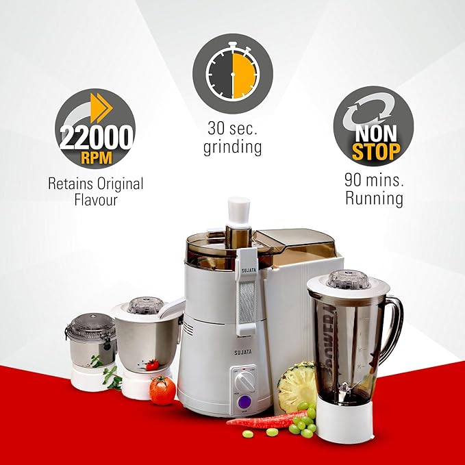 Sujata Powermatic Maxima Juicer Mixer Grinder|900 Watts Double Ball Bearing Motor|22000 RPM|Non-Stop 90 Mins Running|3 Jars including 1750ml Blender, 1000ml Grinder, 500ml Chutney Jar| (White)