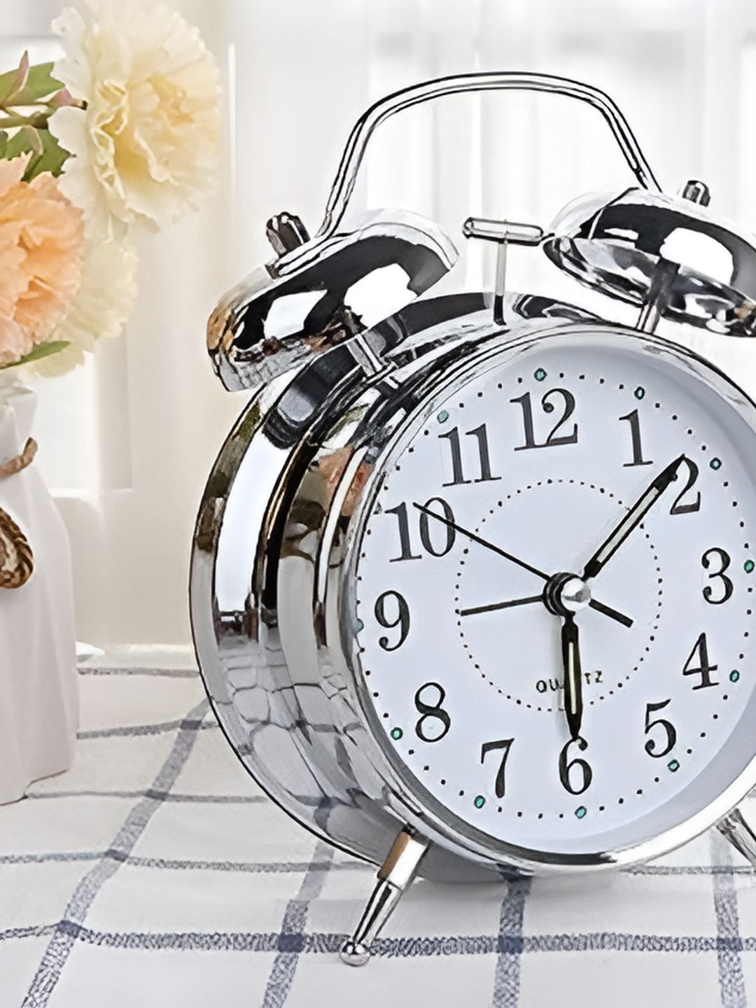 basics IND Silver & White Round Shaped Vintage Analogue Alarm Clock