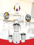 Sujata Dynamix Mixer Grinder|900 Watts Double Ball Bearing Motor|22000 RPM|Non-Stop 90 Mins Running|3 Food Grade Steel Jars including 1500ml Multipurpose, 1000ml Grinder, 500ml Chutney Jar| (White)