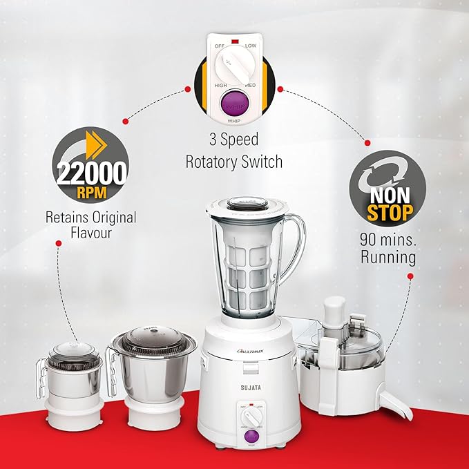 Sujata Multimix Juicer Mixer Grinder|900 Watts Double Ball Bearing Motor|22000 RPM|Non-Stop 90 Mins Running|3 Jars including 1750ml Blender with Coconut Milk Extractor,1000ml, 500ml Jar| (White)