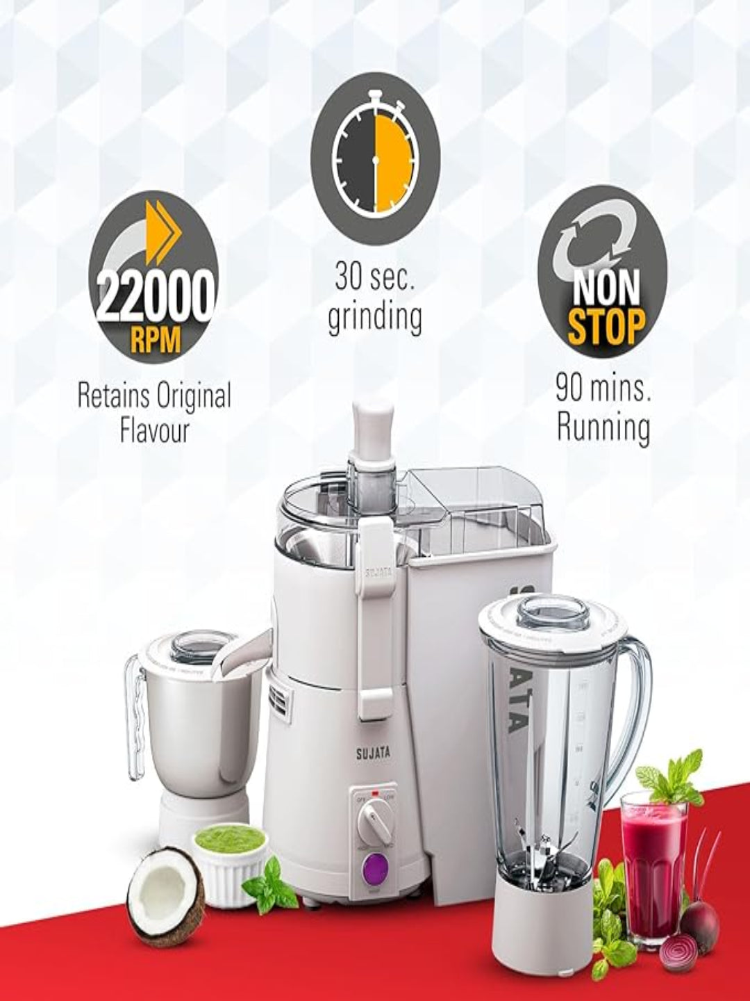 Sujata Powermatic Plus Juicer Mixer Grinder|900 Watts Double Ball Bearing Motor|22000 RPM|Non-Stop 90 Mins Running|2 Jars including 1750ml Blender, 1000ml Grinder Jar| (White)
