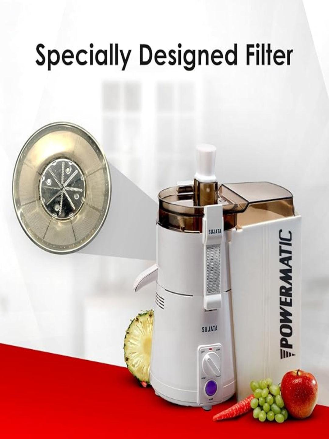 Sujata Powermatic Juicer|900 Watts Double Ball Bearing Motor|22000 RPM|Non-Stop 90 Mins Running|Centrifugal Juicer| (White)