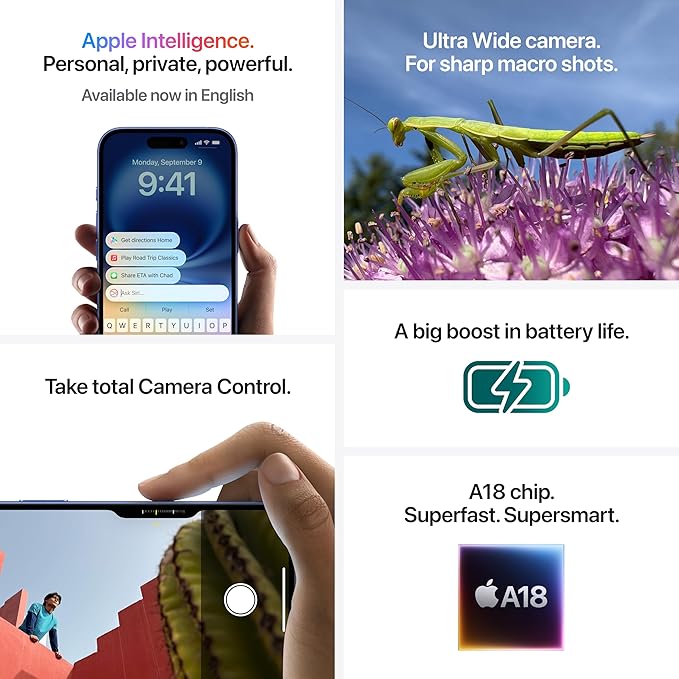 iPhone 16 128 GB: 5G Mobile Phone with Camera Control, A18 Chip and a Big Boost in Battery Life. Works with AirPods; Pink