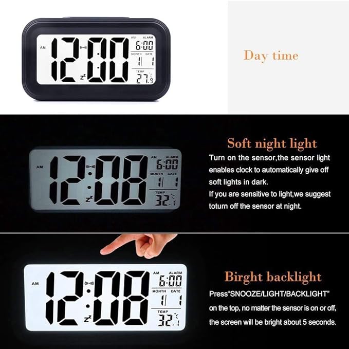 Basics IND Digital Smart Back Light Alarm Clock with Automatic Sensor Date,Temperature |Digital Alarm Clock for Bedroom |Alarm Clocks for Heavy Sleepers (Plastic,Black)