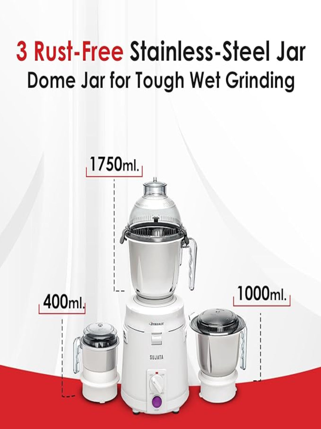 Sujata Dynamix Mixer Grinder|900 Watts Double Ball Bearing Motor|22000 RPM|Non-Stop 90 Mins Running|3 Food Grade Steel Jars including 1500ml Multipurpose, 1000ml Grinder, 500ml Chutney Jar| (White)