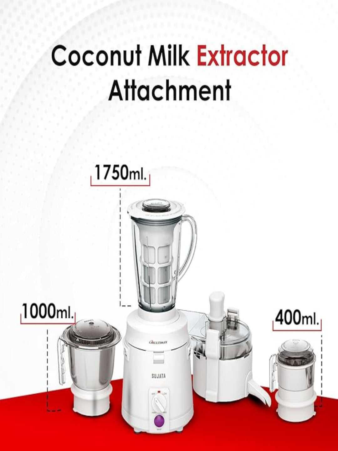 Sujata Multimix Juicer Mixer Grinder|900 Watts Double Ball Bearing Motor|22000 RPM|Non-Stop 90 Mins Running|3 Jars including 1750ml Blender with Coconut Milk Extractor,1000ml, 500ml Jar| (White)