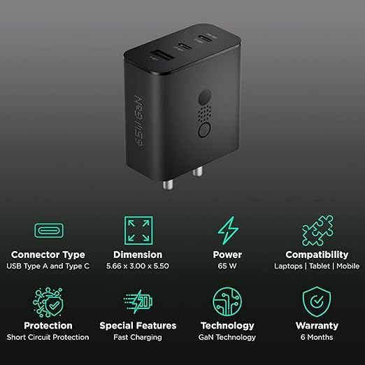 CMF by Nothing 65 W GaN 3 A 3 Port Mobile Charger  (Dark Grey)