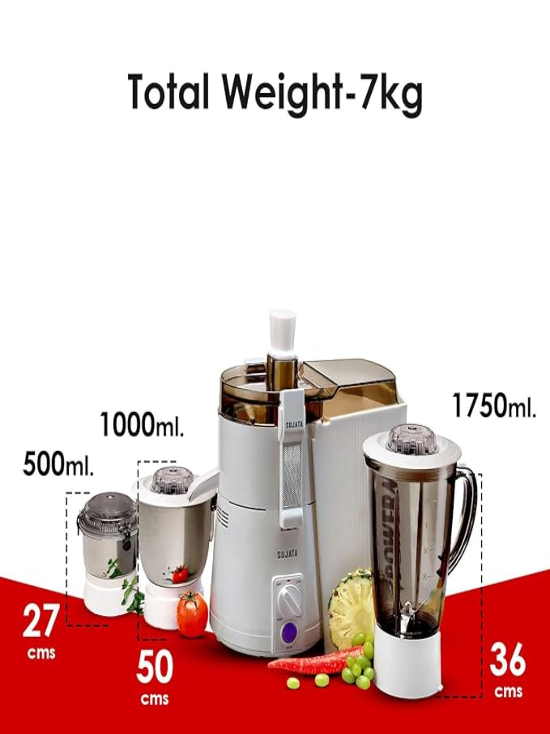 Sujata Powermatic Maxima Juicer Mixer Grinder|900 Watts Double Ball Bearing Motor|22000 RPM|Non-Stop 90 Mins Running|3 Jars including 1750ml Blender, 1000ml Grinder, 500ml Chutney Jar| (White)