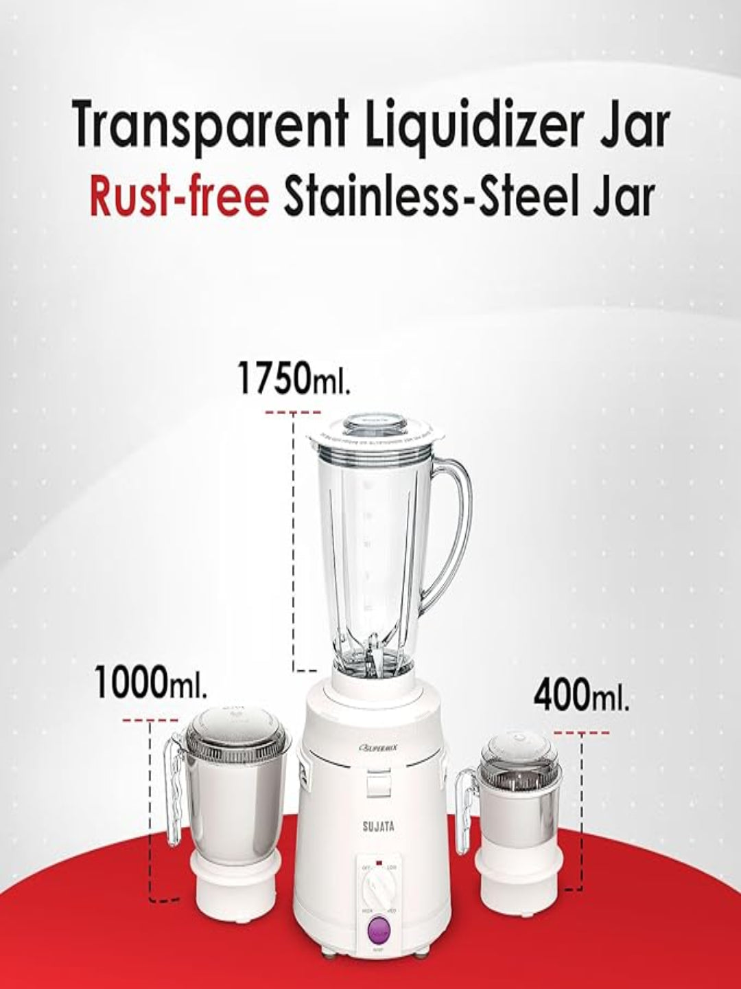 Sujata Supermix Mixer Grinder|900 Watts Double Ball Bearing Motor|22000 RPM|Non-Stop 90 Mins Running|3 Jars including 1750ml Blender, 1000ml Grinder, 500ml Chutney Jar| (White)