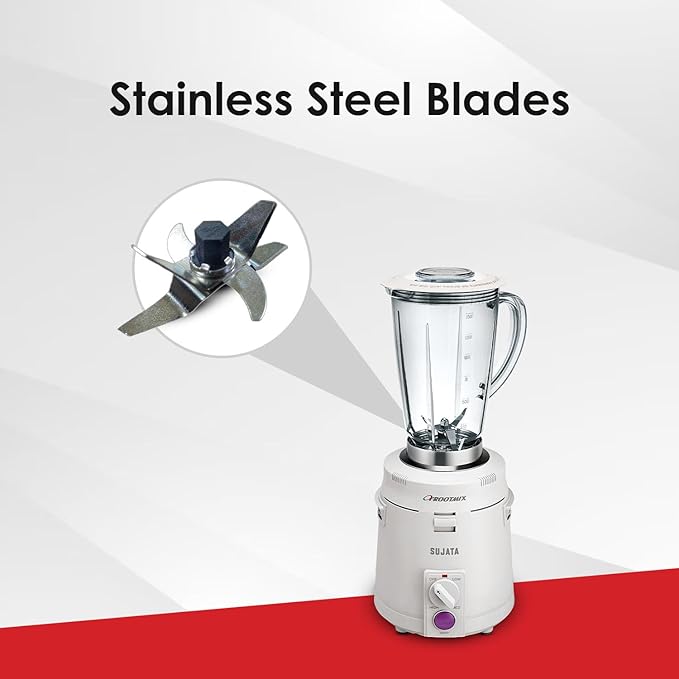 Sujata Frootmix Mixer Blender|900 Watts Double Ball Bearing Motor|22000 RPM|Non-Stop 90 Mins Running|1750ml Unbreakable Blender Jar with Heavy Metal Base| (White)