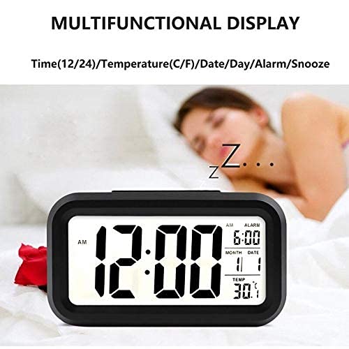 Basics IND Digital Smart Back Light Alarm Clock with Automatic Sensor Date,Temperature |Digital Alarm Clock for Bedroom |Alarm Clocks for Heavy Sleepers (Plastic,Black)