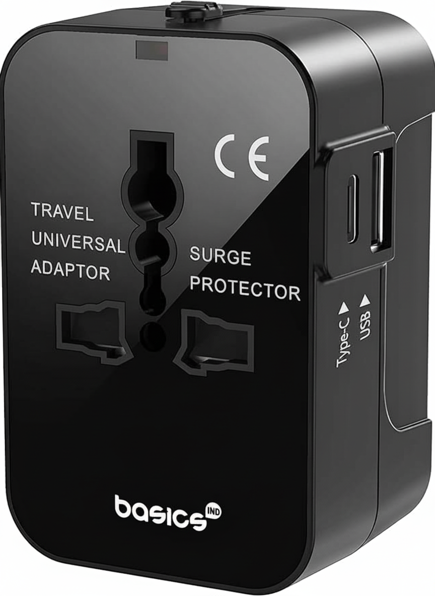Basics India Universal Travel Adapter with Surge Protection & USB-C Charging – All-in-One Global Power Converter/Compatible with Smartphones, Laptops, Camera, Mobiles, Tablets (Black)