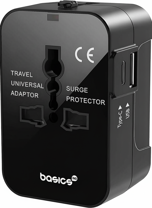 Basics India Universal Travel Adapter with Surge Protection & USB-C Charging – All-in-One Global Power Converter/Compatible with Smartphones, Laptops, Camera, Mobiles, Tablets (Black)