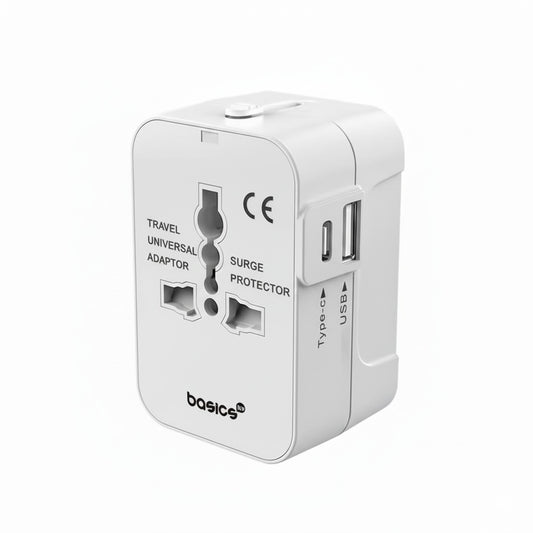 Basics India Universal Travel Adapter with Surge Protection & USB-C Charging – All-in-One Global Power Converter/Compatible with Smartphones, Laptops, Camera, Mobiles, Tablets (White)